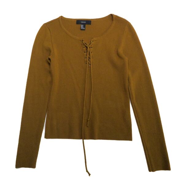 Forever 21 Ribbed Knit Lace Up Sweater Mustard Brown - Picture 3 of 8